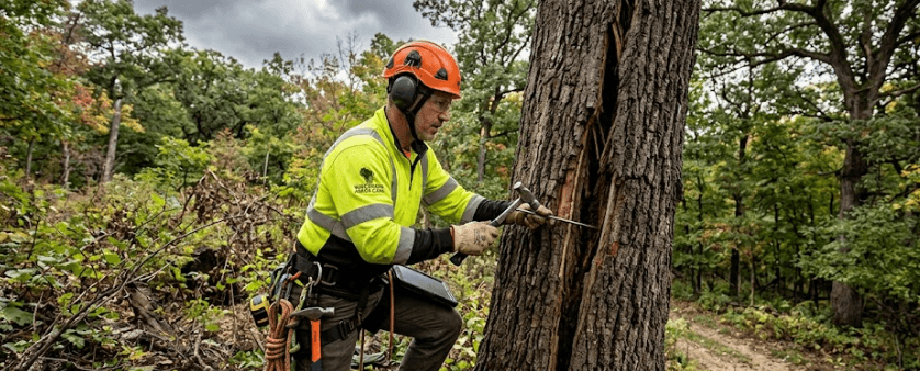 Arborist performing hazardous tree inspection showing trunk cracks in Southeast Wisconsin before storm season
