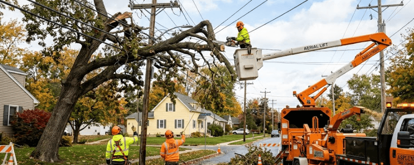 Emergency tree crew coordinating utility-safe removal of a fallen tree tangled in power lines in Southeast Wisconsin