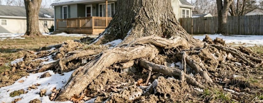 Exposed tree roots lifted by frost heave in a Wisconsin yard showing freeze-thaw soil damage around a mature tree