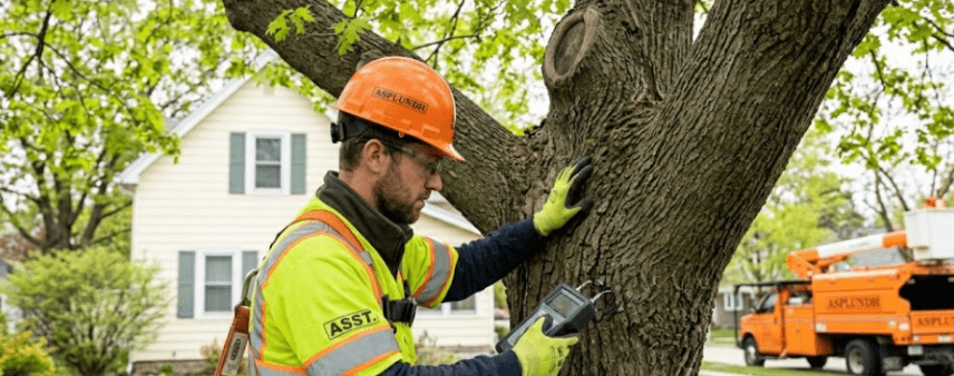 Professional arborist inspecting a mature Racine residential tree during spring maintenance for health and structural issues