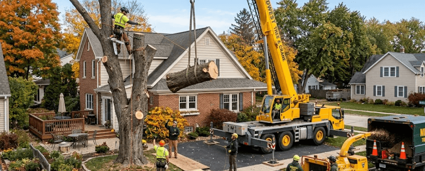 Professional tree removal crew using a crane to safely lower a large oak section in Burlington and Southeast Wisconsin