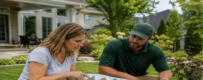 Homeowner and arborist selecting the right tree species for planting in a Southeast Wisconsin backyard near Burlington.