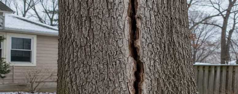 Deep vertical frost crack splitting the bark of a mature oak tree in a Racine County backyard after a harsh Wisconsin winter.