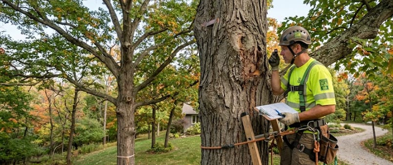 Certified arborist inspecting a mature Wisconsin maple tree for invasive pest damage and canopy health concerns